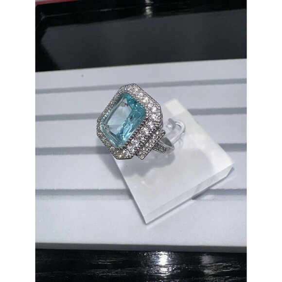Aquamarine Cubic Zirconia White Crystal Ring Size 7 - Picture 9 of 16